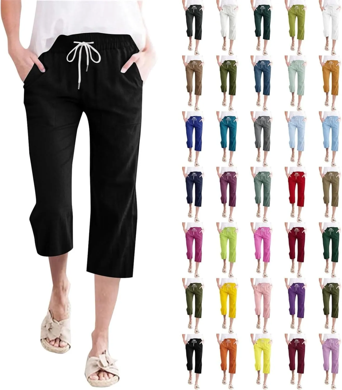 Womens Capri Pants Drawstring Elastic Waist Linen Pant Straight Wide Leg Cropped Pants Trouser with Pockets
