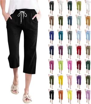 Womens Capri Pants Drawstring Elastic Waist Linen Pant Straight Wide Leg Cropped Pants Trouser with Pockets
