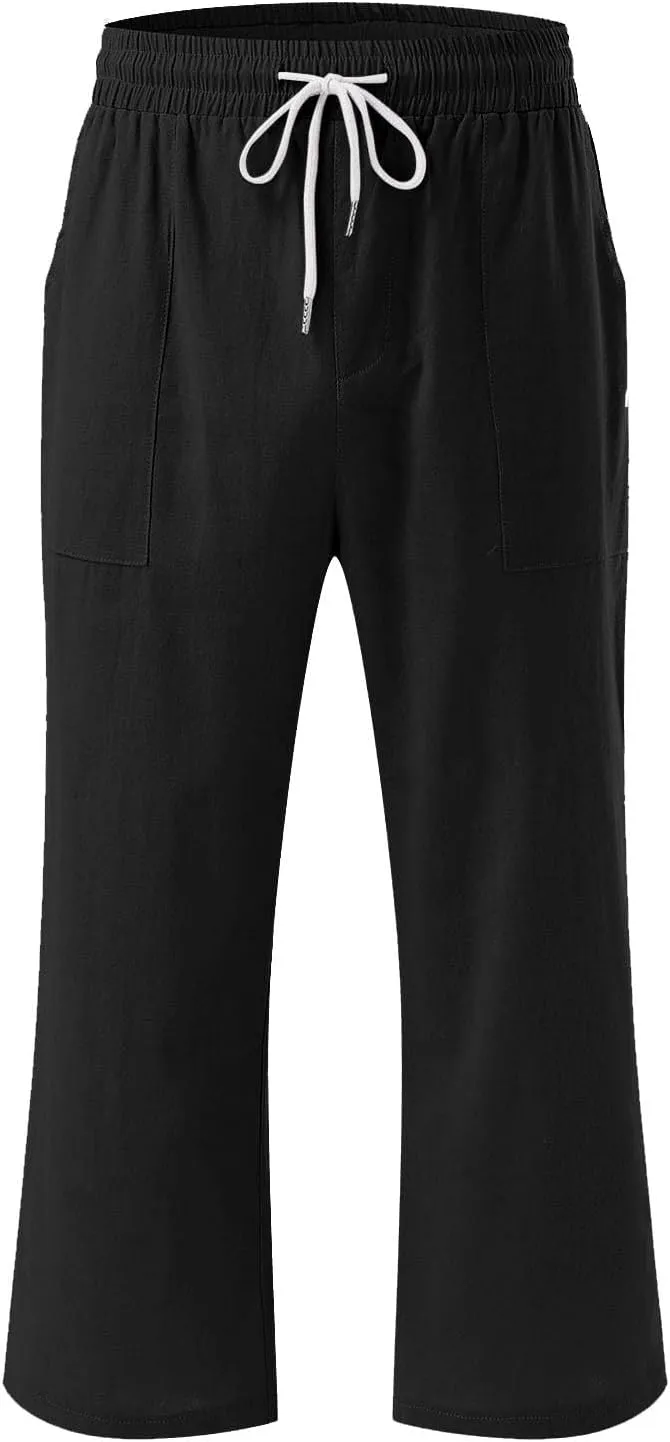 Womens Capri Pants Drawstring Elastic Waist Linen Pant Straight Wide Leg Cropped Pants Trouser with Pockets