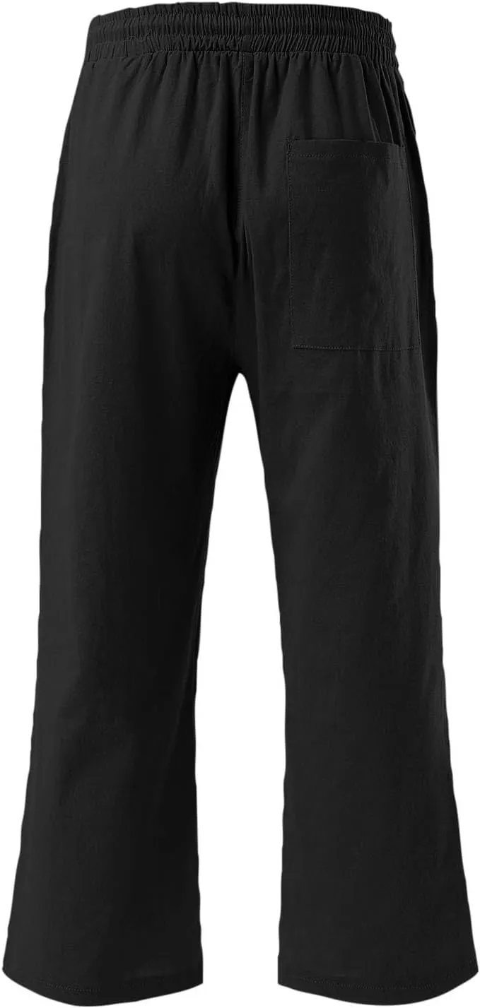 Womens Capri Pants Drawstring Elastic Waist Linen Pant Straight Wide Leg Cropped Pants Trouser with Pockets