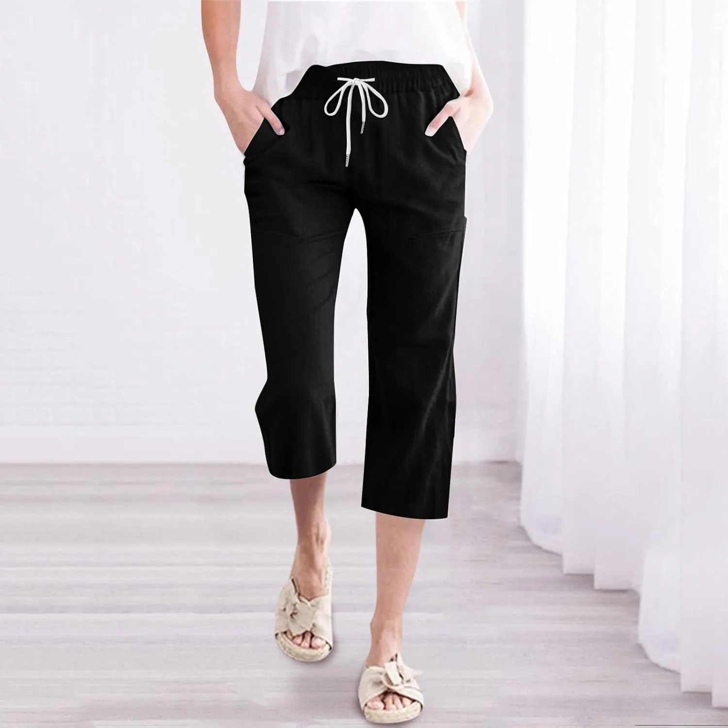 Womens Capri Pants Drawstring Elastic Waist Linen Pant Straight Wide Leg Cropped Pants Trouser with Pockets