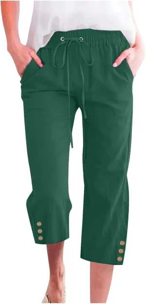 Womens Capri Pants Summer Trendy Casual Cropped Trouser with Pockets Elastic Waist Straight Wide Leg with Buttons