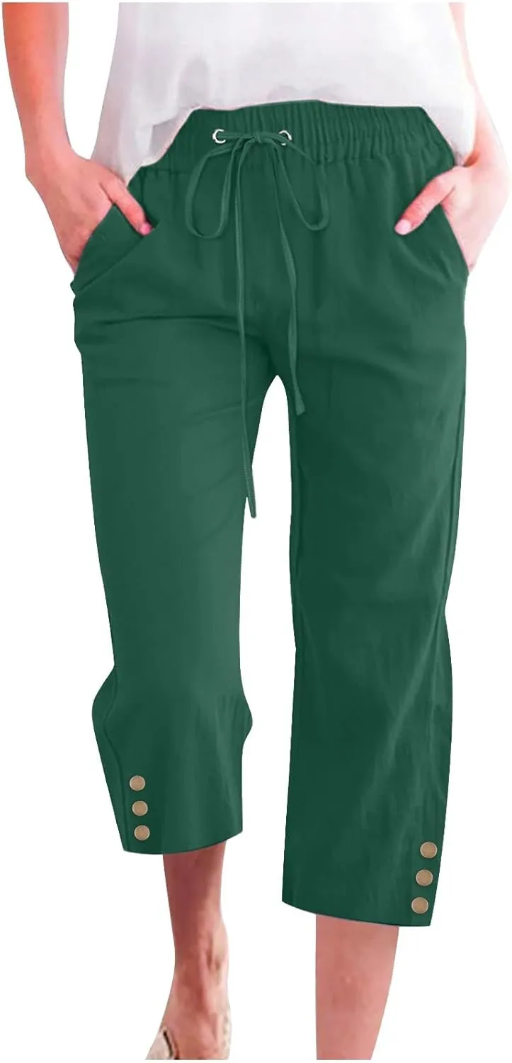 Womens Capri Pants Summer Trendy Casual Cropped Trouser with Pockets Elastic Waist Straight Wide Leg with Buttons
