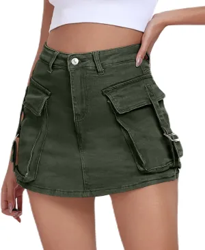 Women's Cargo Skort High Waisted Cargo Shorts Button Bodycon Mini Y2K Denim Cargo Skirt Shorts with Pocket