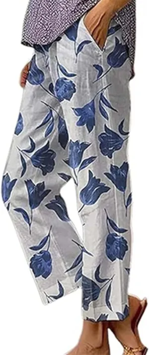 Women's Casual Boho Floral Cotton Linen Pants Elastic Waist Straight Legs Summer Beach Baggy Trousers with Pockets
