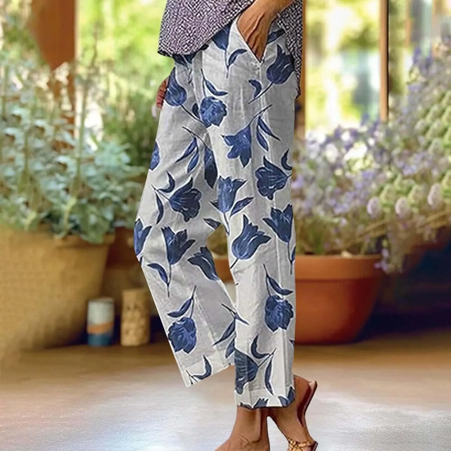 Women's Casual Boho Floral Cotton Linen Pants Elastic Waist Straight Legs Summer Beach Baggy Trousers with Pockets