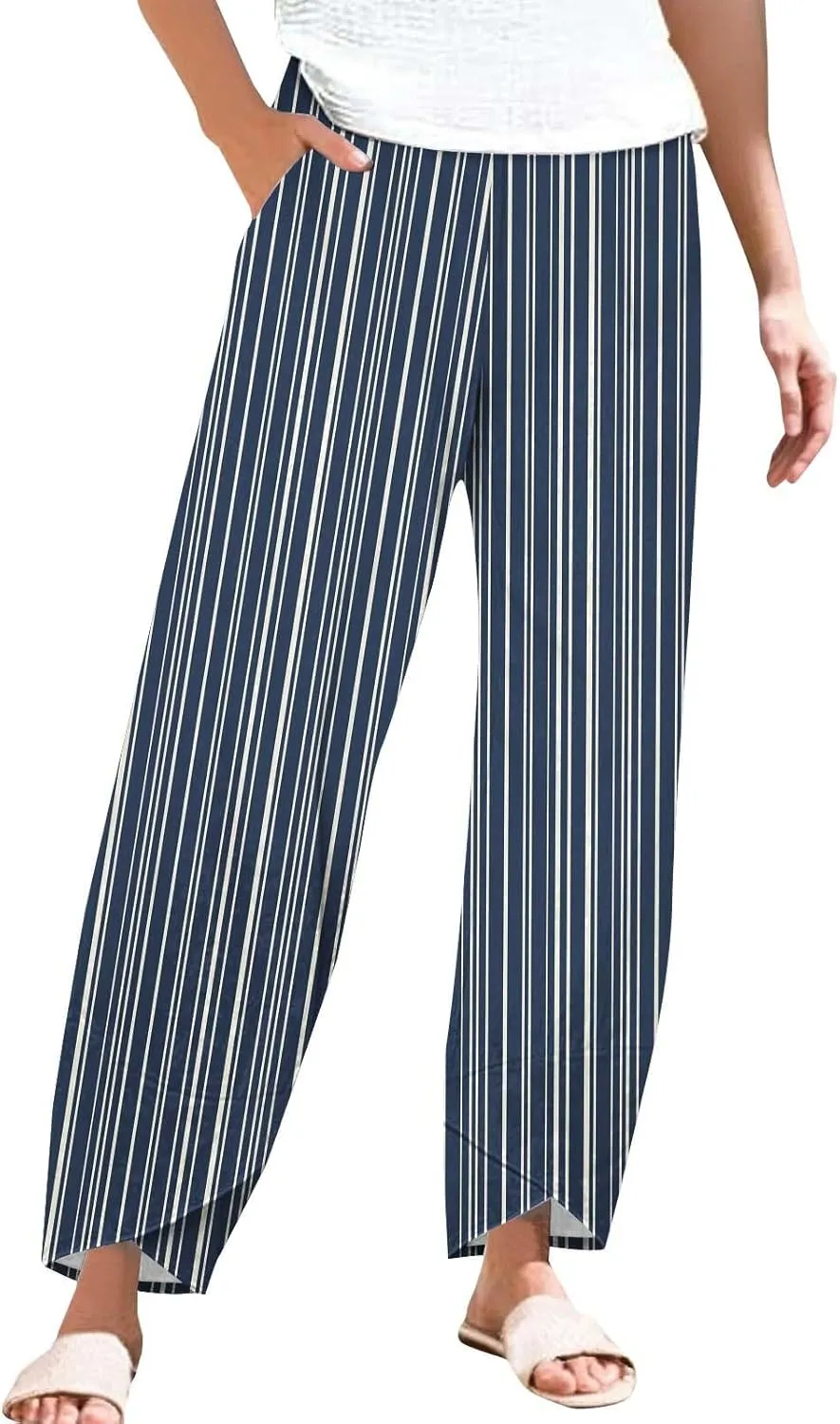 Women's Casual Boho Striped Graphic Cotton Linen High Waisted Cropped Pants Summer Beach Outdoor Trendy Trousers