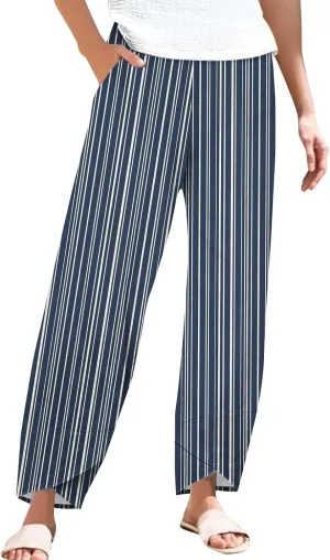 Women's Casual Boho Striped Graphic Cotton Linen High Waisted Cropped Pants Summer Beach Outdoor Trendy Trousers