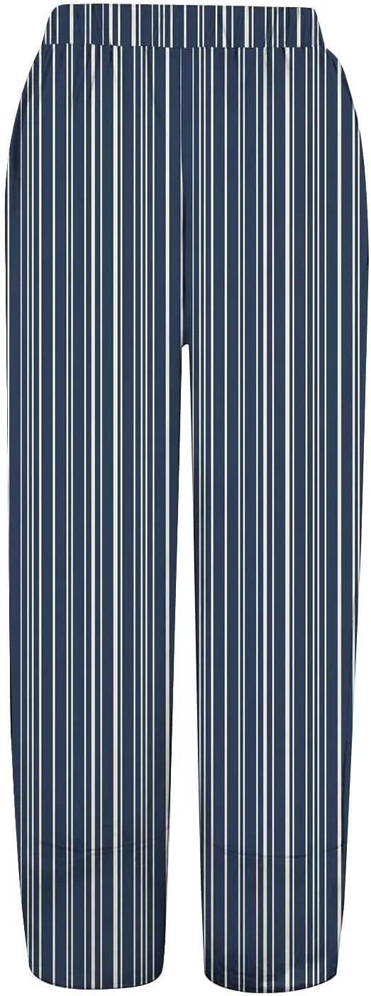 Women's Casual Boho Striped Graphic Cotton Linen High Waisted Cropped Pants Summer Beach Outdoor Trendy Trousers