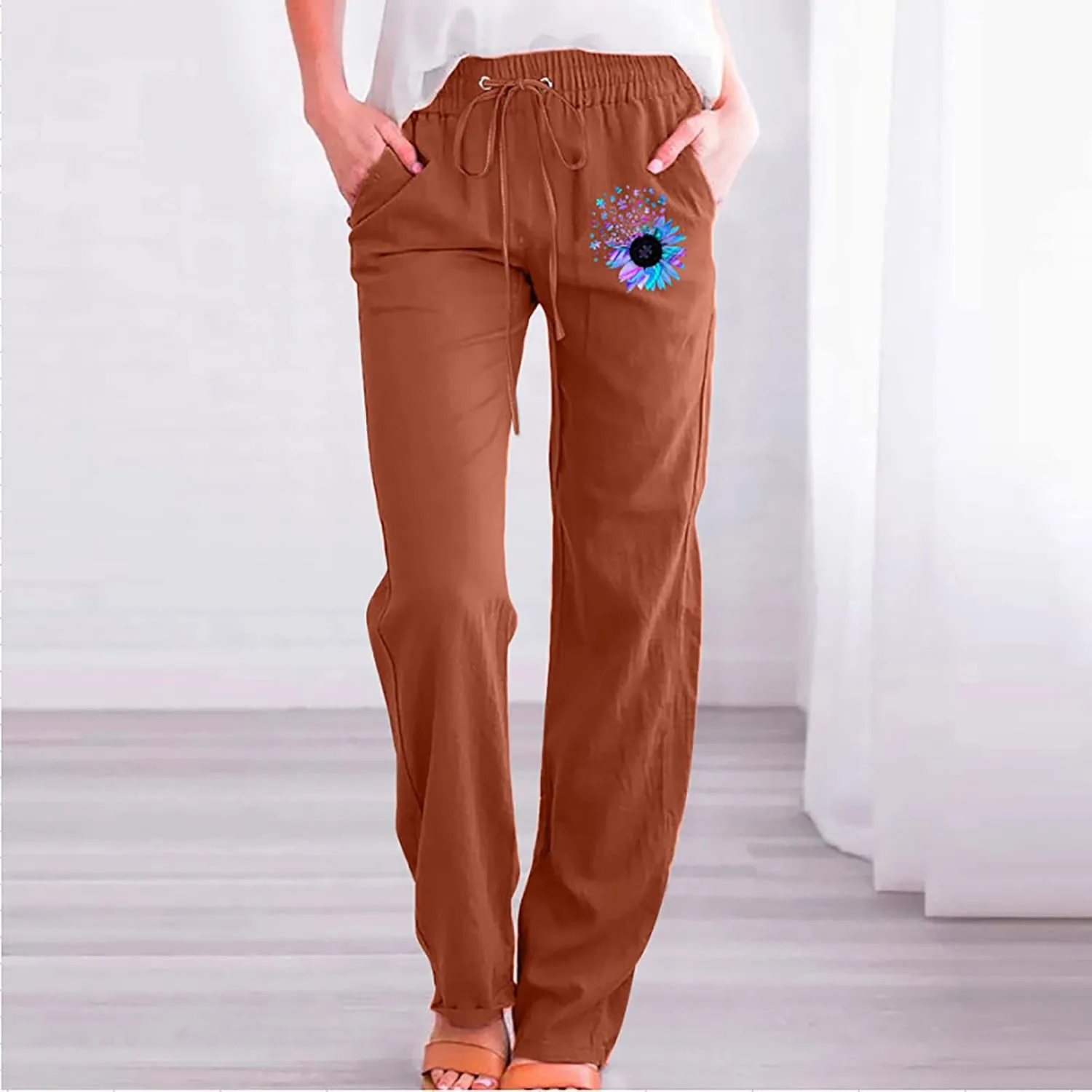 Womens Casual Linen High Waist Pants Drawstring Loose Fit Lounge Pants 2025 Summer Casual Comfy Trousers with Pockets