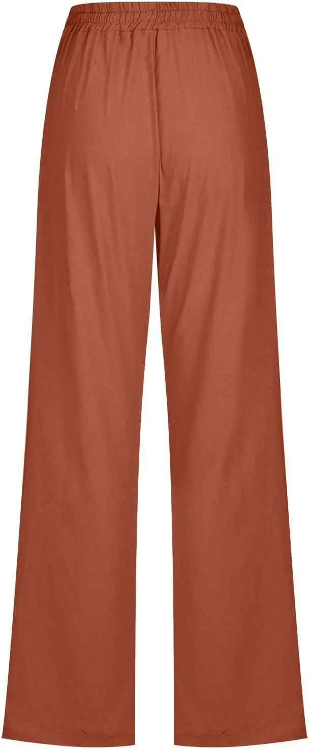 Womens Casual Linen High Waist Pants Drawstring Loose Fit Lounge Pants 2025 Summer Casual Comfy Trousers with Pockets