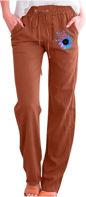 Womens Casual Linen High Waist Pants Drawstring Loose Fit Lounge Pants 2025 Summer Casual Comfy Trousers with Pockets