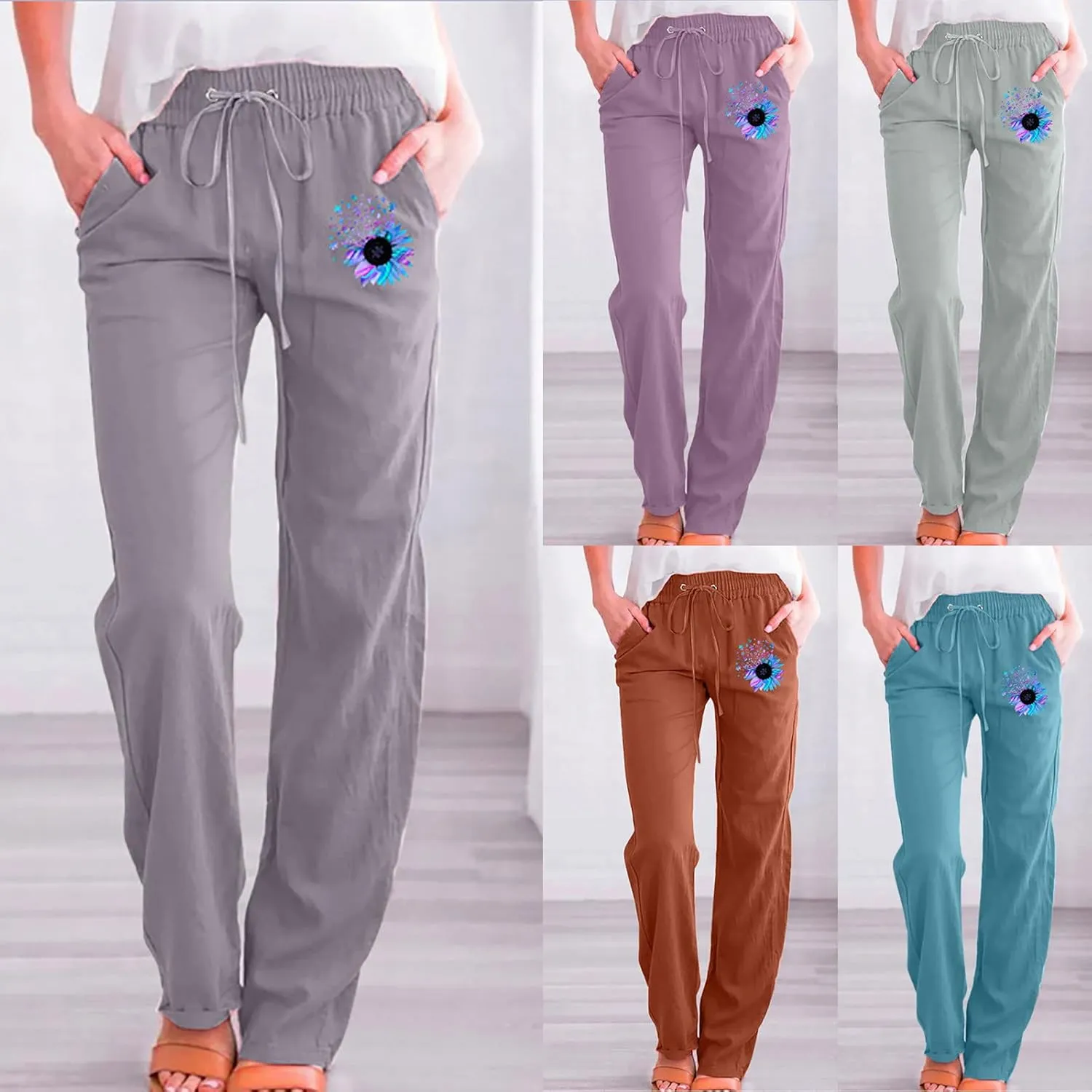 Womens Casual Linen High Waist Pants Drawstring Loose Fit Lounge Pants 2025 Summer Casual Comfy Trousers with Pockets