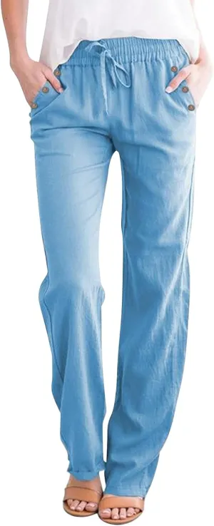 Womens Casual Linen High Waist Pants Drawstring Loose Fit Summer Pants Trousers with Side Pockets