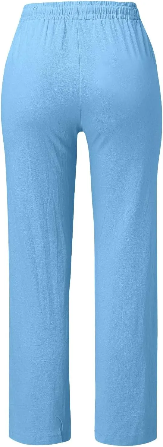Womens Casual Linen High Waist Pants Drawstring Loose Fit Summer Pants Trousers with Side Pockets