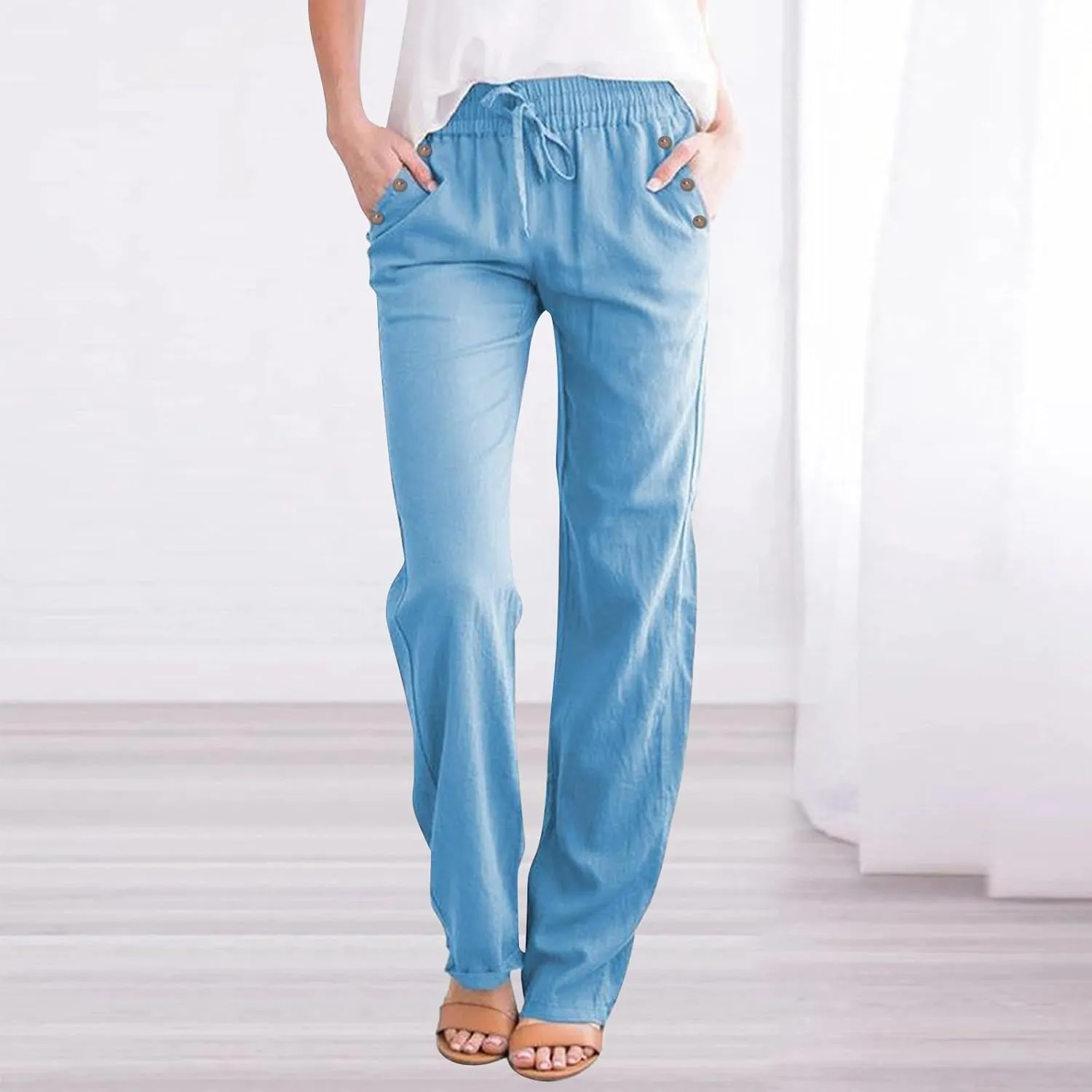 Womens Casual Linen High Waist Pants Drawstring Loose Fit Summer Pants Trousers with Side Pockets