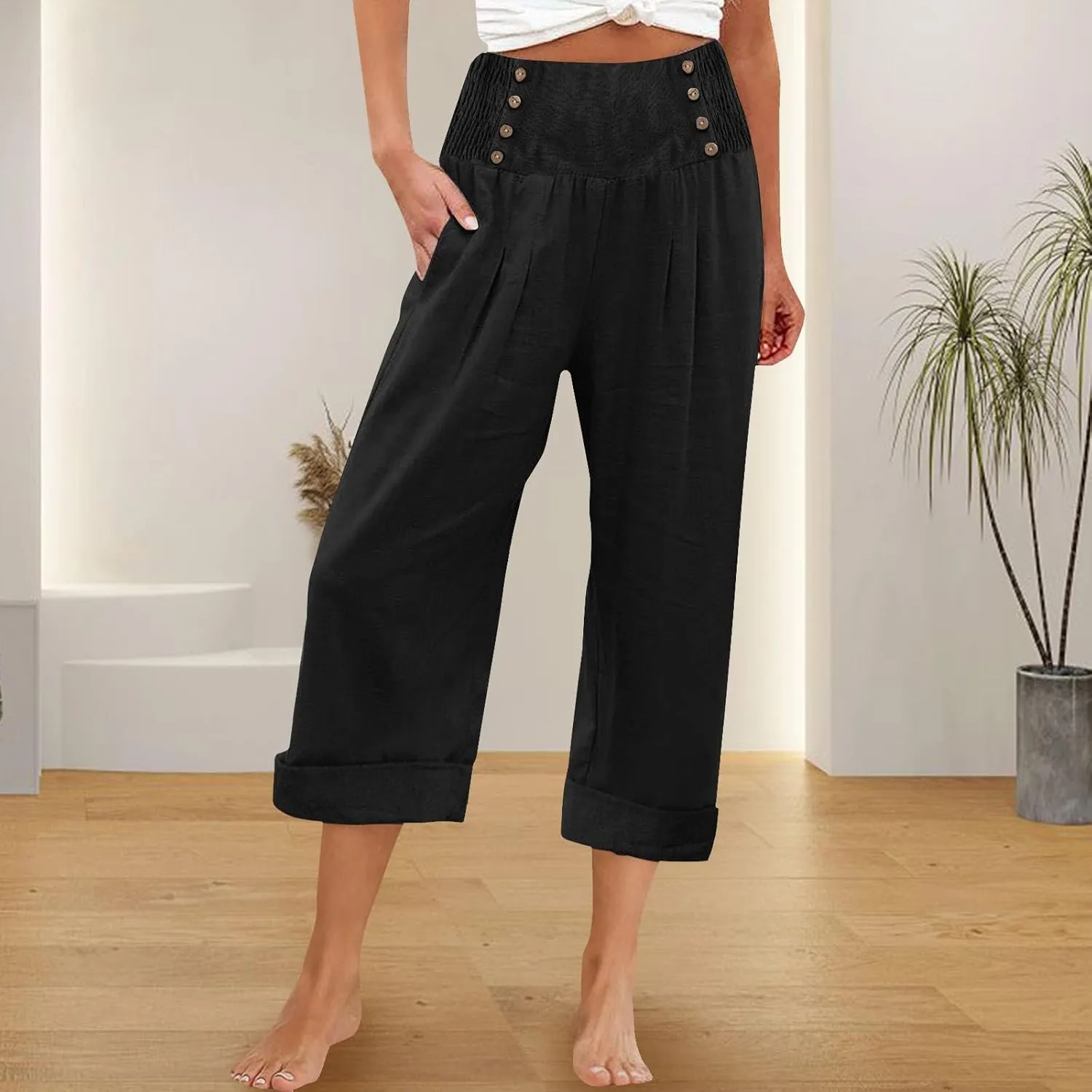 Womens Casual Pants Summer Cotton Linen Wide Leg Elastic Smocked Waist Cropped Trousers Summer Beach Vacation Pants