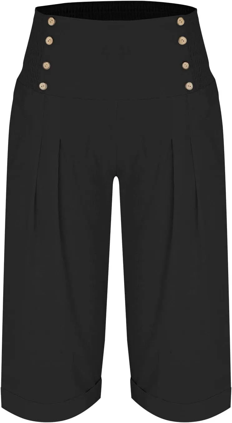 Womens Casual Pants Summer Cotton Linen Wide Leg Elastic Smocked Waist Cropped Trousers Summer Beach Vacation Pants