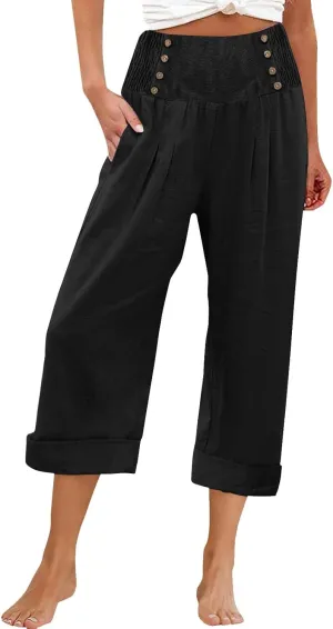 Womens Casual Pants Summer Cotton Linen Wide Leg Elastic Smocked Waist Cropped Trousers Summer Beach Vacation Pants