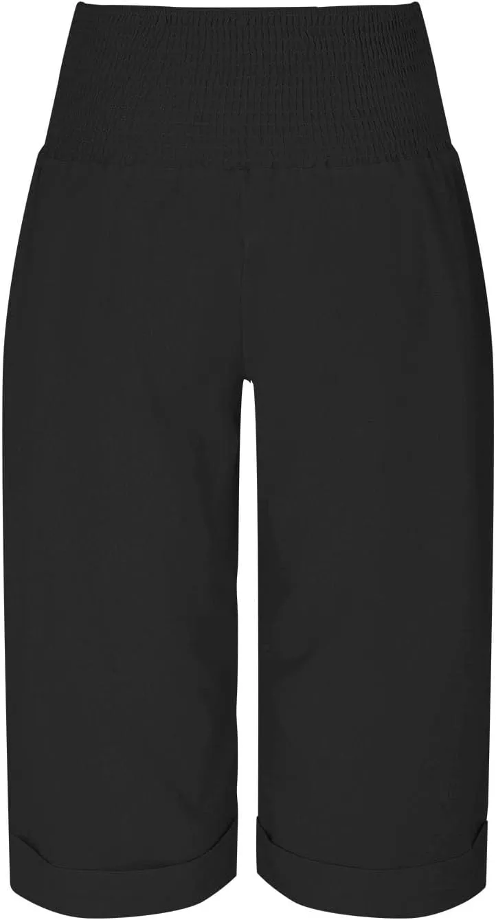 Womens Casual Pants Summer Cotton Linen Wide Leg Elastic Smocked Waist Cropped Trousers Summer Beach Vacation Pants