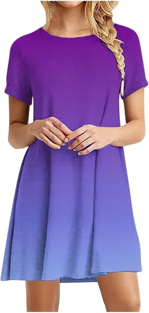 Women's Casual Simple T-Shirt Loose Dress Short Sleeve Ombre Dress Summer T-Shirt Sundress Gradient Swing Dresses
