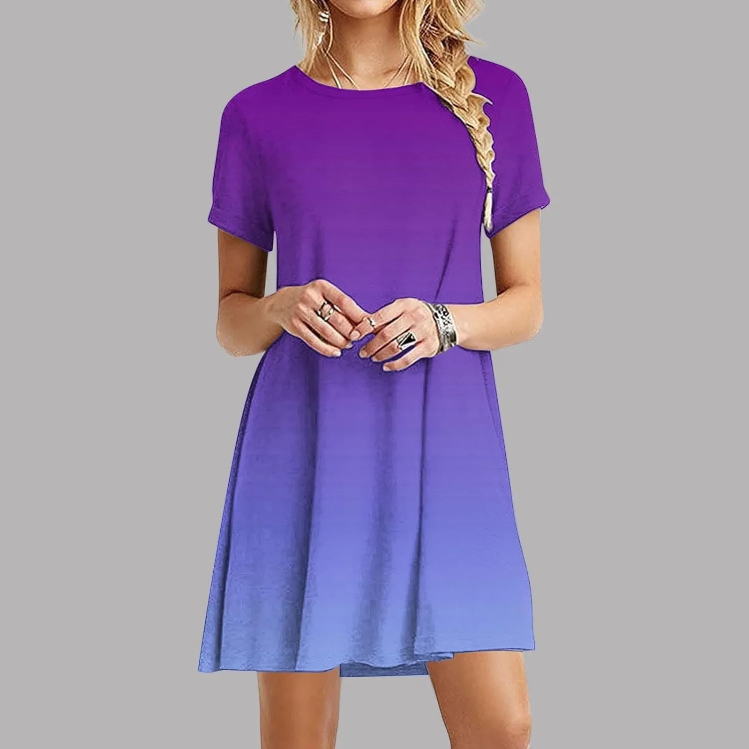 Women's Casual Simple T-Shirt Loose Dress Short Sleeve Ombre Dress Summer T-Shirt Sundress Gradient Swing Dresses