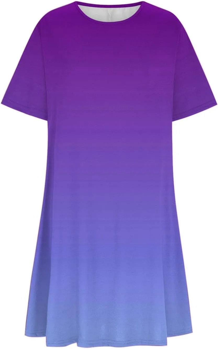 Women's Casual Simple T-Shirt Loose Dress Short Sleeve Ombre Dress Summer T-Shirt Sundress Gradient Swing Dresses
