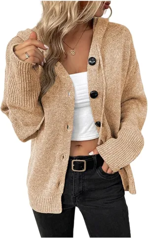 Women's Casual V Neck Button Down Hooded Cardigan Sweaters Long Sleeve Hoodies Outfits