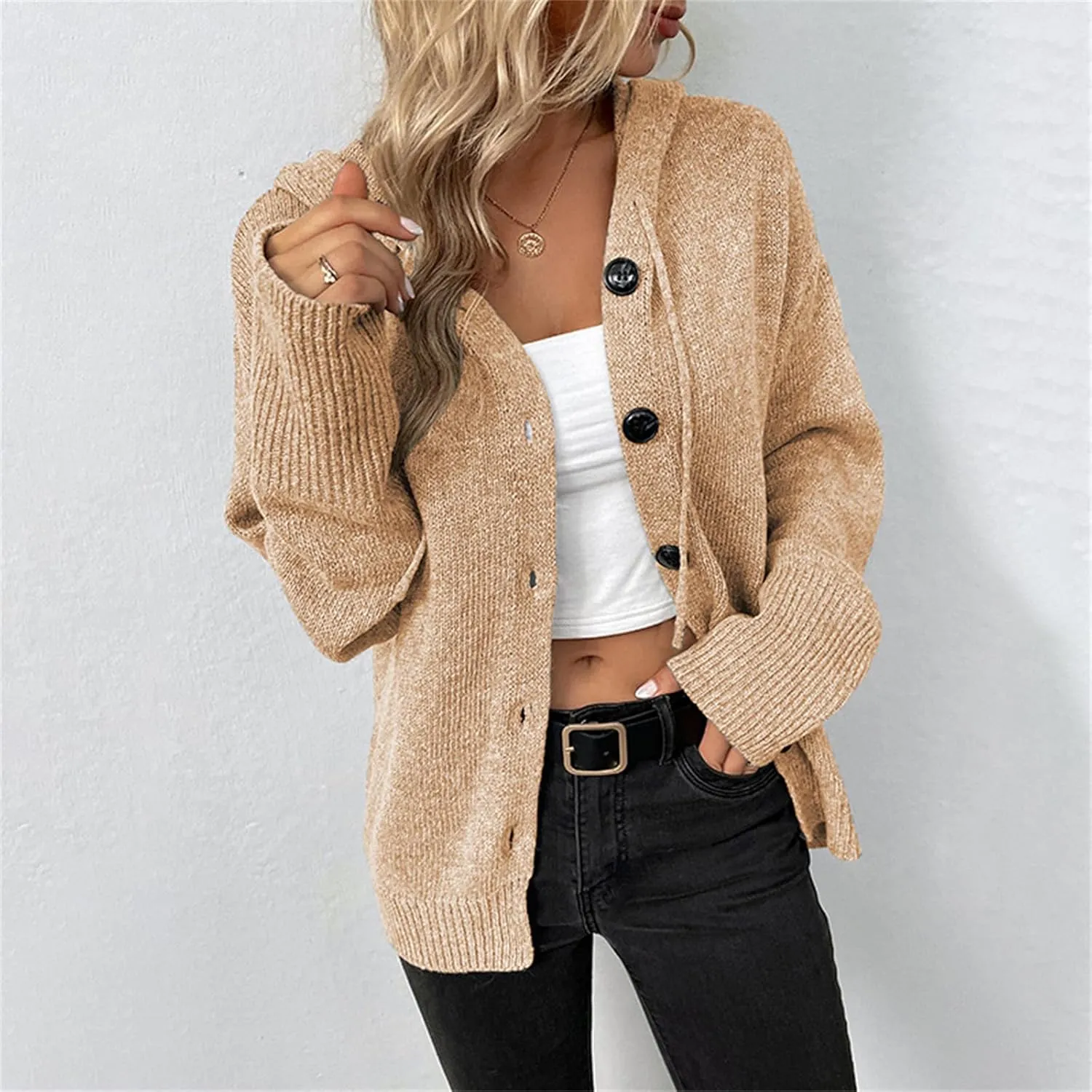 Women's Casual V Neck Button Down Hooded Cardigan Sweaters Long Sleeve Hoodies Outfits