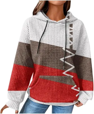 Women's Causal Oversized Cotton Hoodies Long Sleeve Pullover Color Hooded Pactchwork Sweatshirt Autumn & Winter