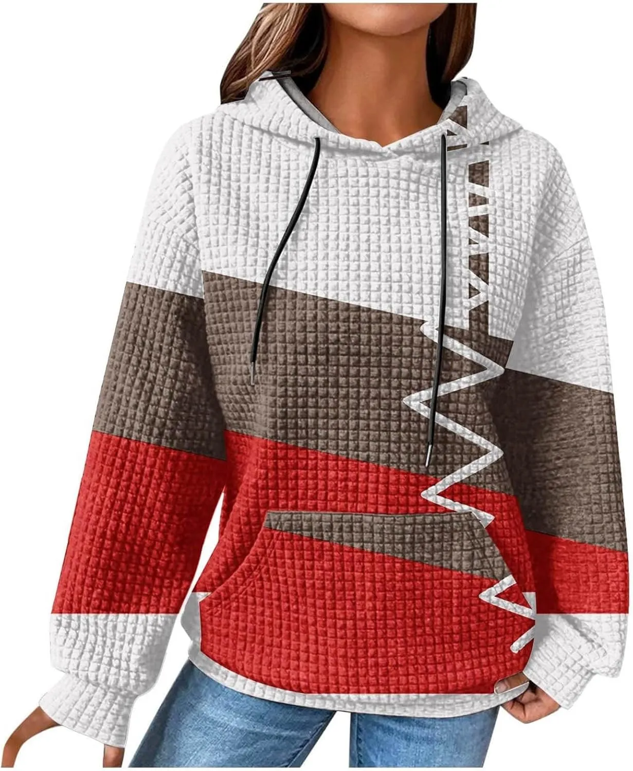 Women's Causal Oversized Cotton Hoodies Long Sleeve Pullover Color Hooded Pactchwork Sweatshirt Autumn & Winter