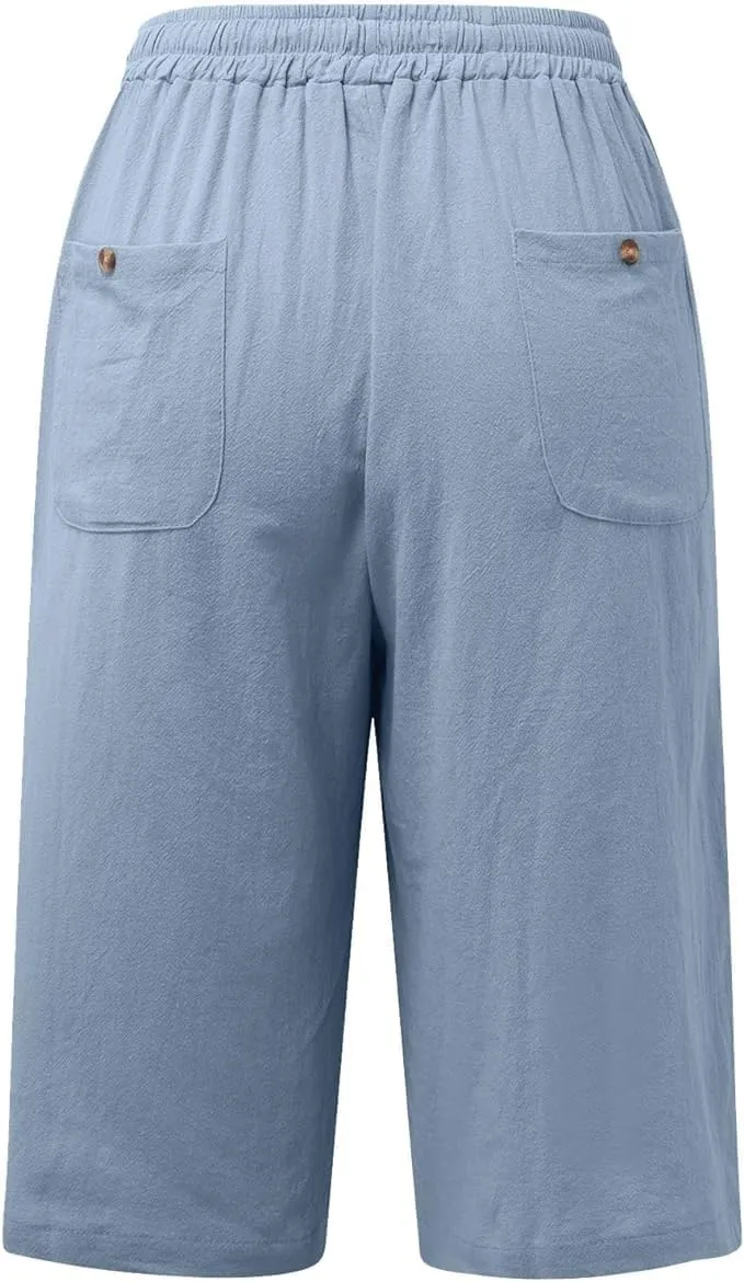 Women's Cotton Linen Bermuda Shorts Summer Casual Solid Color Drawstring Elastic Waisted Shorts Trendy Pockets