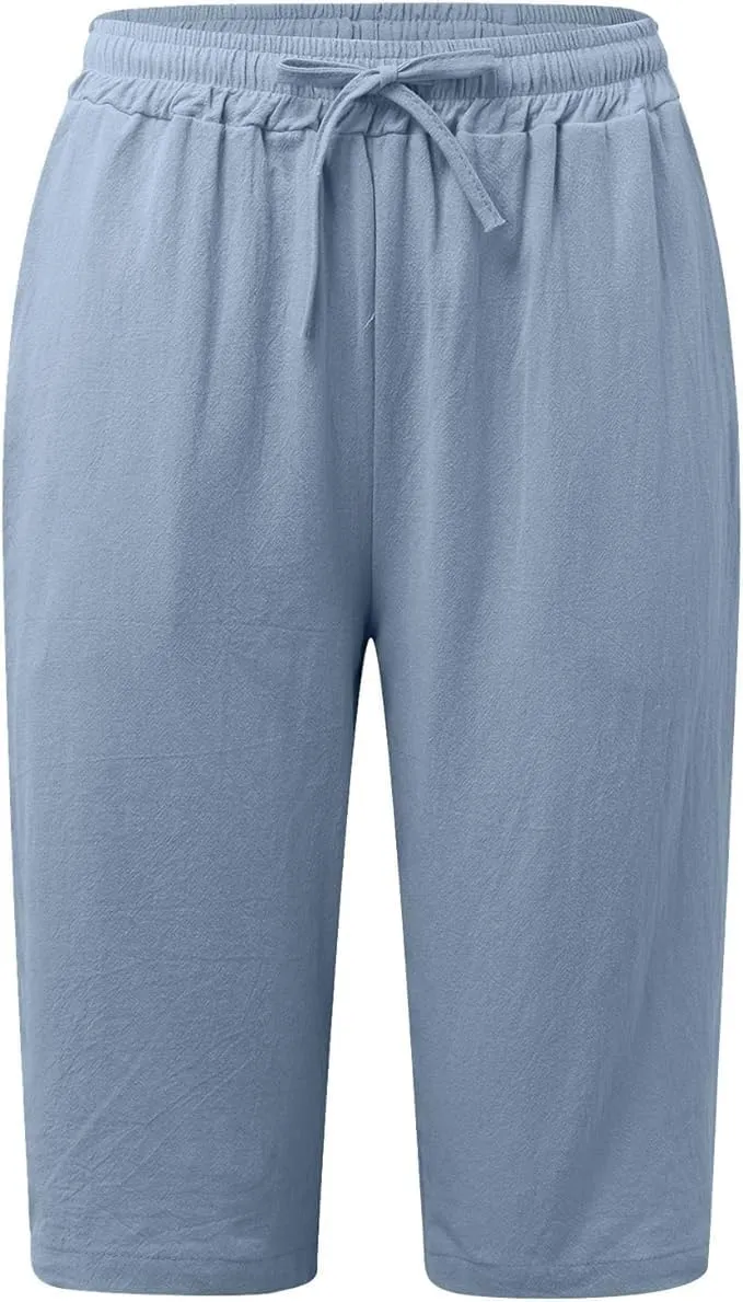 Women's Cotton Linen Bermuda Shorts Summer Casual Solid Color Drawstring Elastic Waisted Shorts Trendy Pockets