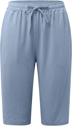 Women's Cotton Linen Bermuda Shorts Summer Casual Solid Color Drawstring Elastic Waisted Shorts Trendy Pockets