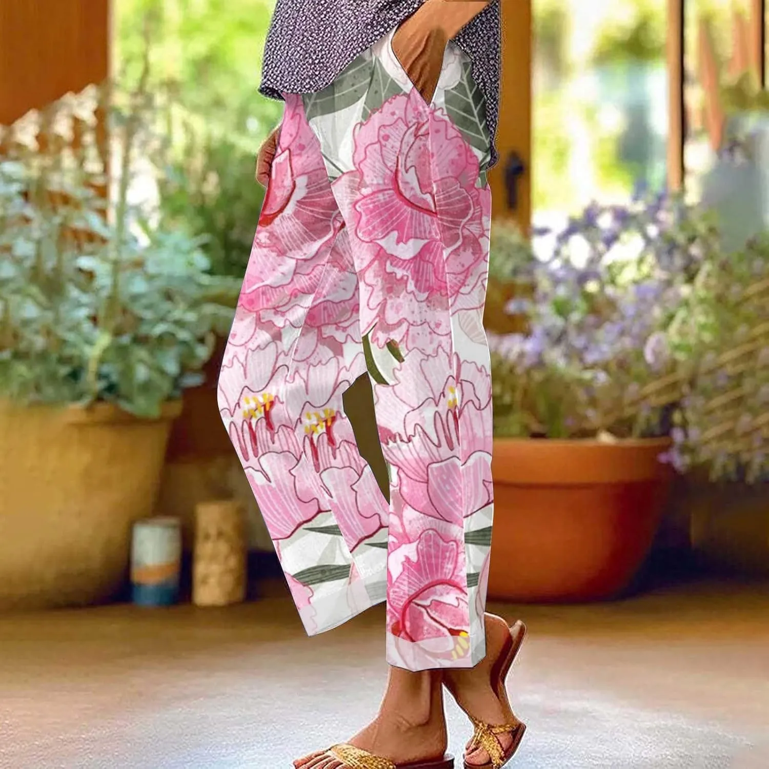 Womens Cotton Linen Floral Cropped Pants Summer Elastic Waist Straight Wide Leg Boho Beach Trouser with Pockets