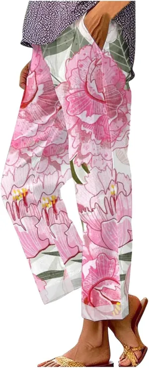 Womens Cotton Linen Floral Cropped Pants Summer Elastic Waist Straight Wide Leg Boho Beach Trouser with Pockets