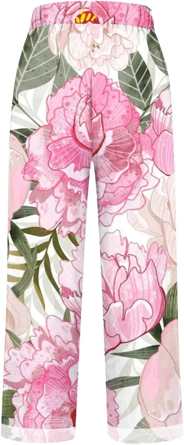 Womens Cotton Linen Floral Cropped Pants Summer Elastic Waist Straight Wide Leg Boho Beach Trouser with Pockets