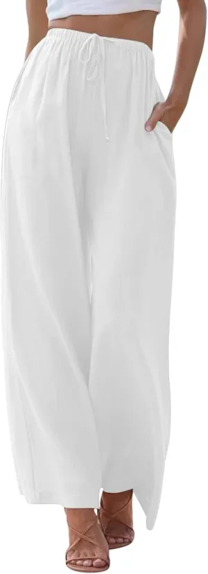 Womens Cotton Linen Palazzo Pants Wide Leg Lightweight Casual Flowy Trousers Summer Beach Vacation Boho Baggy Slacks