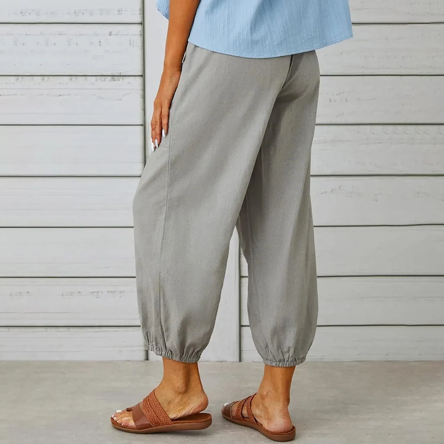 Womens Cotton Linen Pants Drawstring Jogger Pant Summer Loose Beach Trousers with Pockets Vacation Travel Clothes