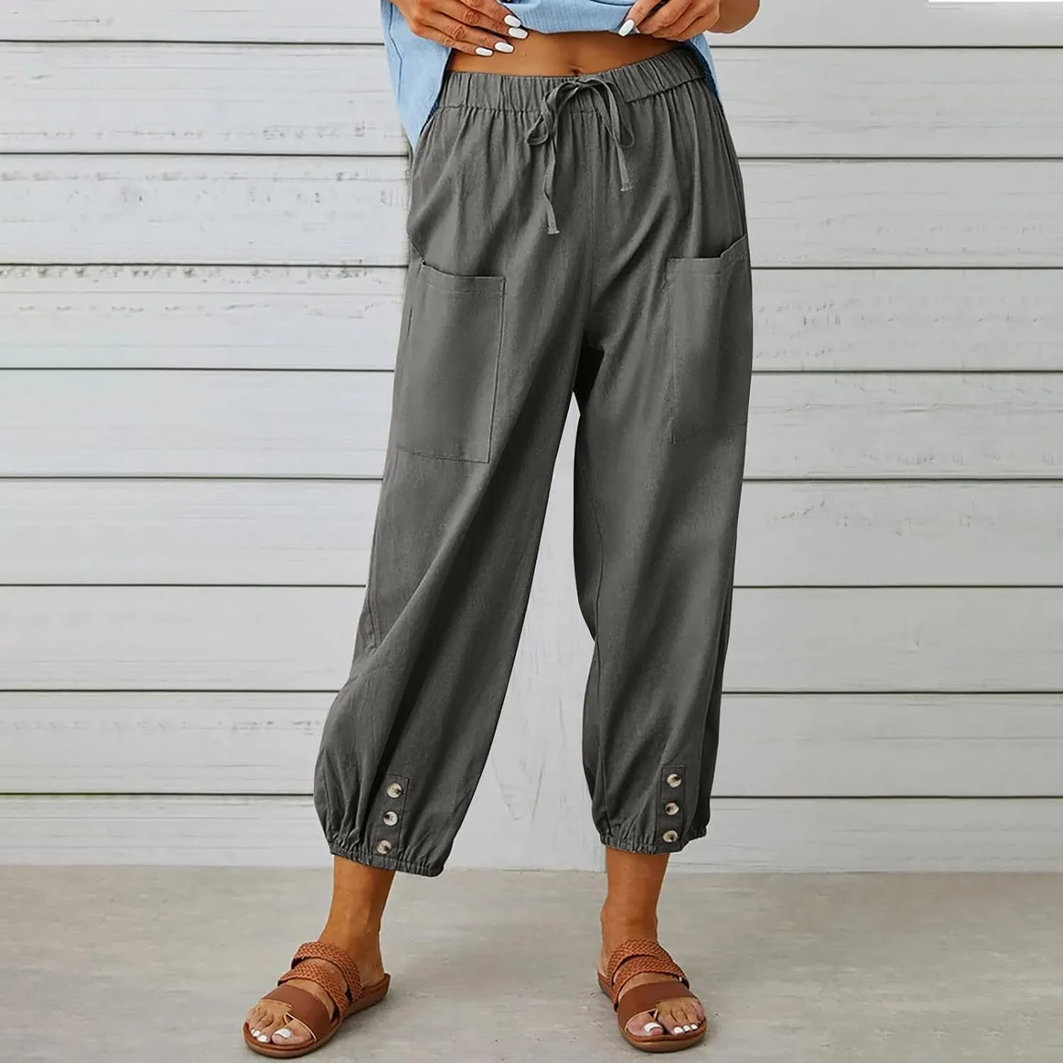 Womens Cotton Linen Pants Drawstring Jogger Pant Summer Loose Beach Trousers with Pockets Vacation Travel Clothes