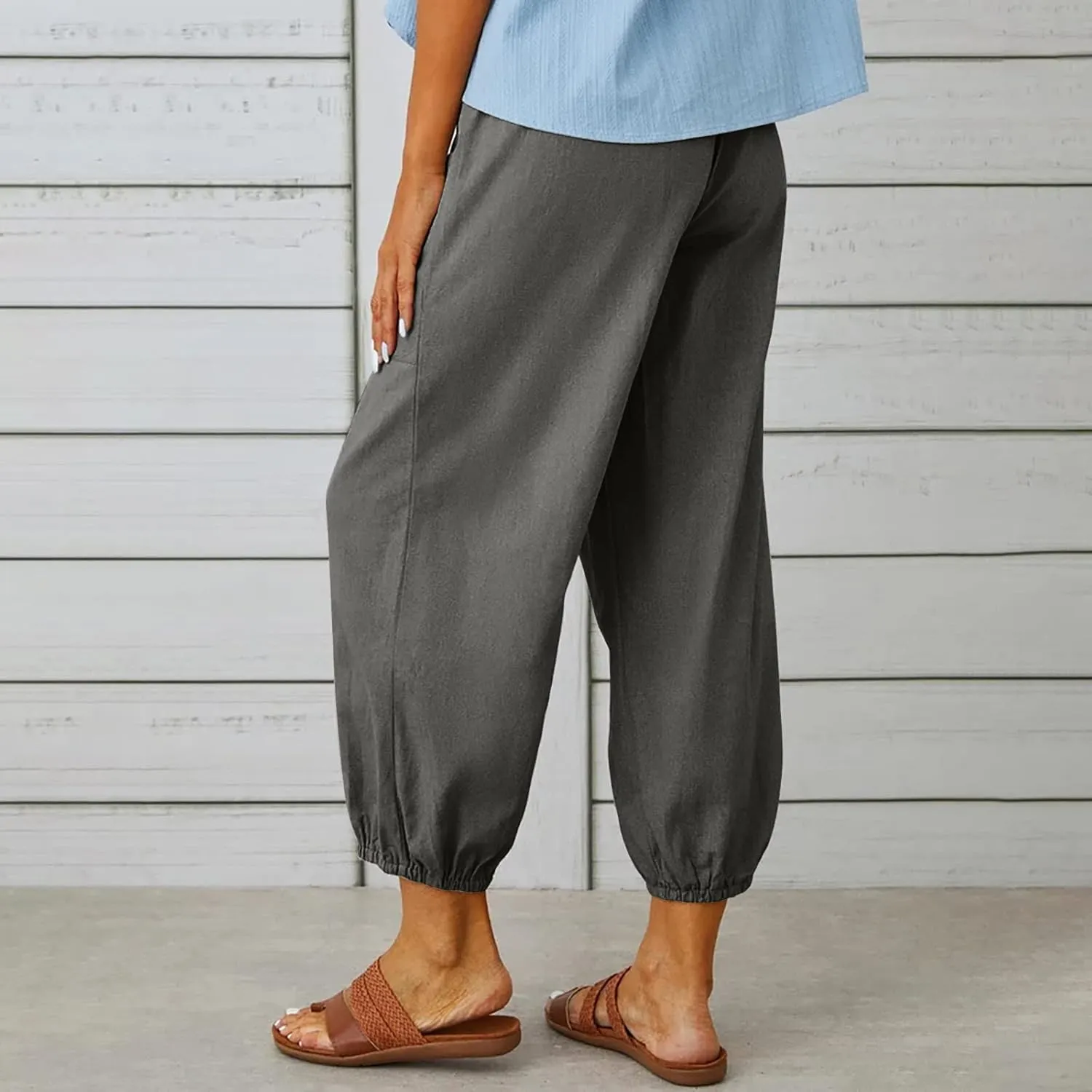 Womens Cotton Linen Pants Drawstring Jogger Pant Summer Loose Beach Trousers with Pockets Vacation Travel Clothes