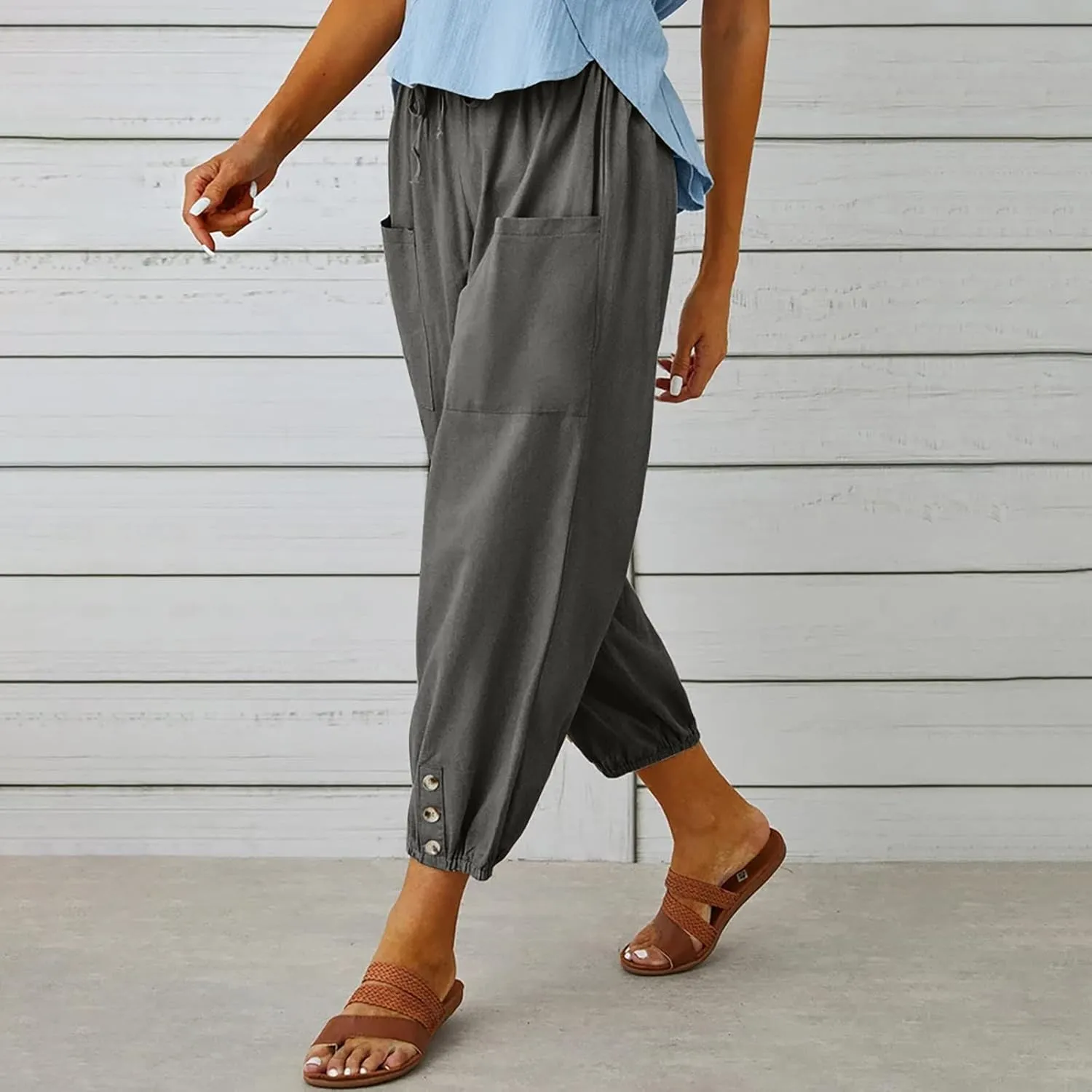 Womens Cotton Linen Pants Drawstring Jogger Pant Summer Loose Beach Trousers with Pockets Vacation Travel Clothes