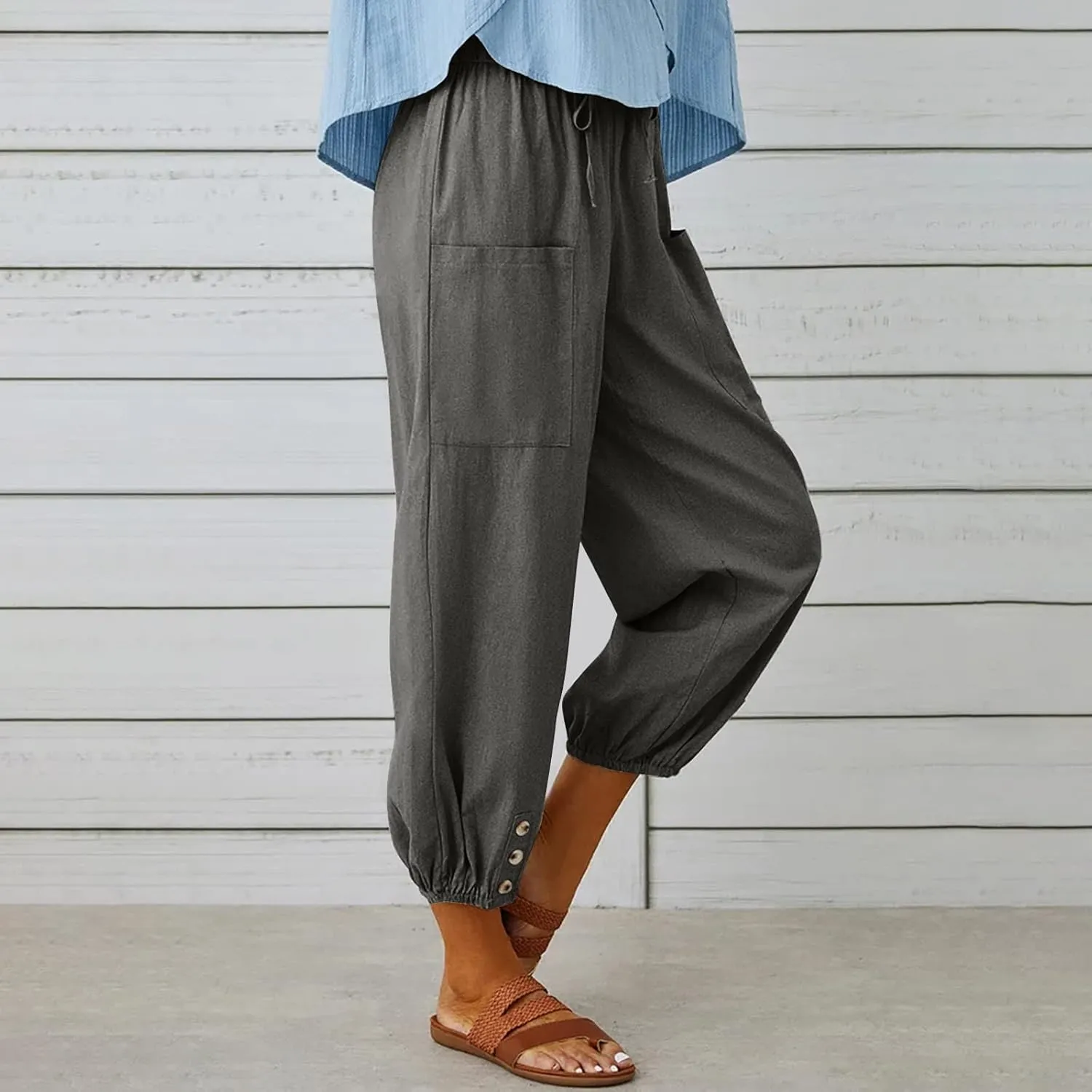 Womens Cotton Linen Pants Drawstring Jogger Pant Summer Loose Beach Trousers with Pockets Vacation Travel Clothes