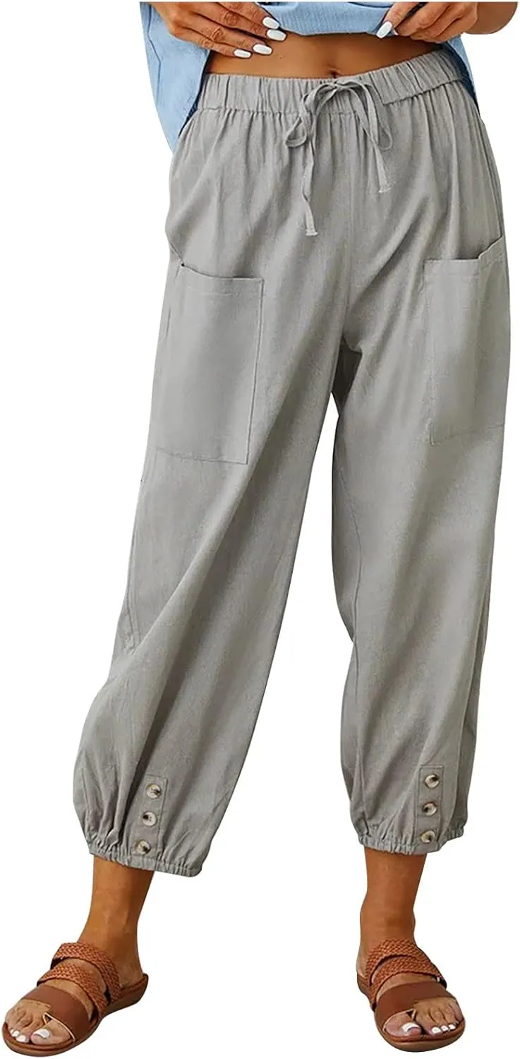 Womens Cotton Linen Pants Drawstring Jogger Pant Summer Loose Beach Trousers with Pockets Vacation Travel Clothes