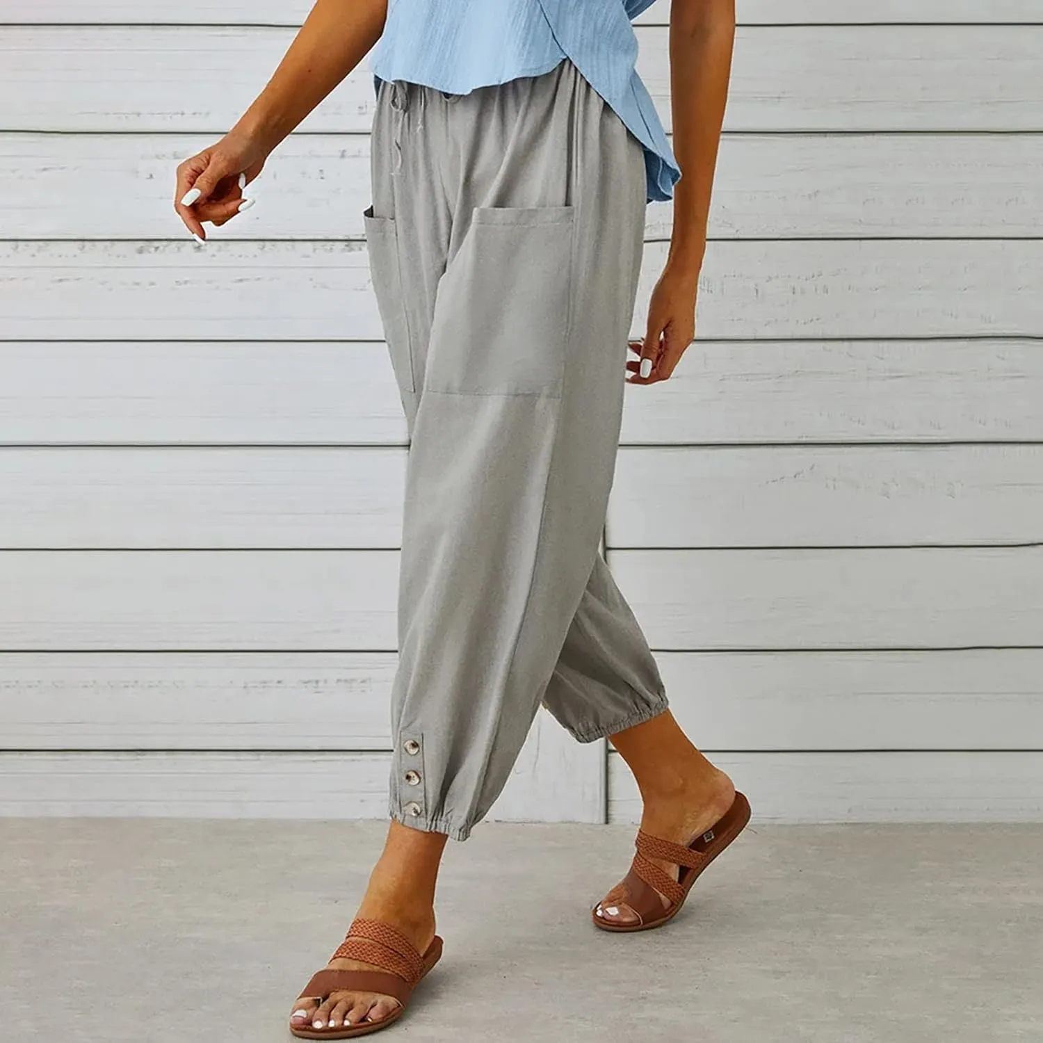 Womens Cotton Linen Pants Drawstring Jogger Pant Summer Loose Beach Trousers with Pockets Vacation Travel Clothes