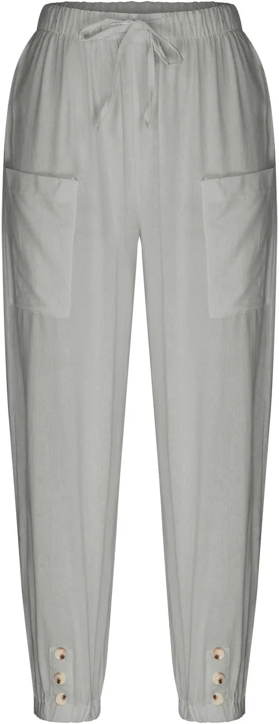 Womens Cotton Linen Pants Drawstring Jogger Pant Summer Loose Beach Trousers with Pockets Vacation Travel Clothes