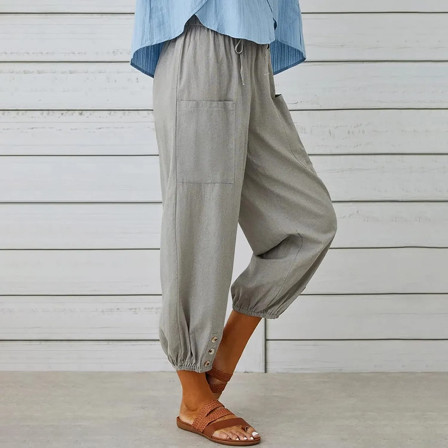Womens Cotton Linen Pants Drawstring Jogger Pant Summer Loose Beach Trousers with Pockets Vacation Travel Clothes
