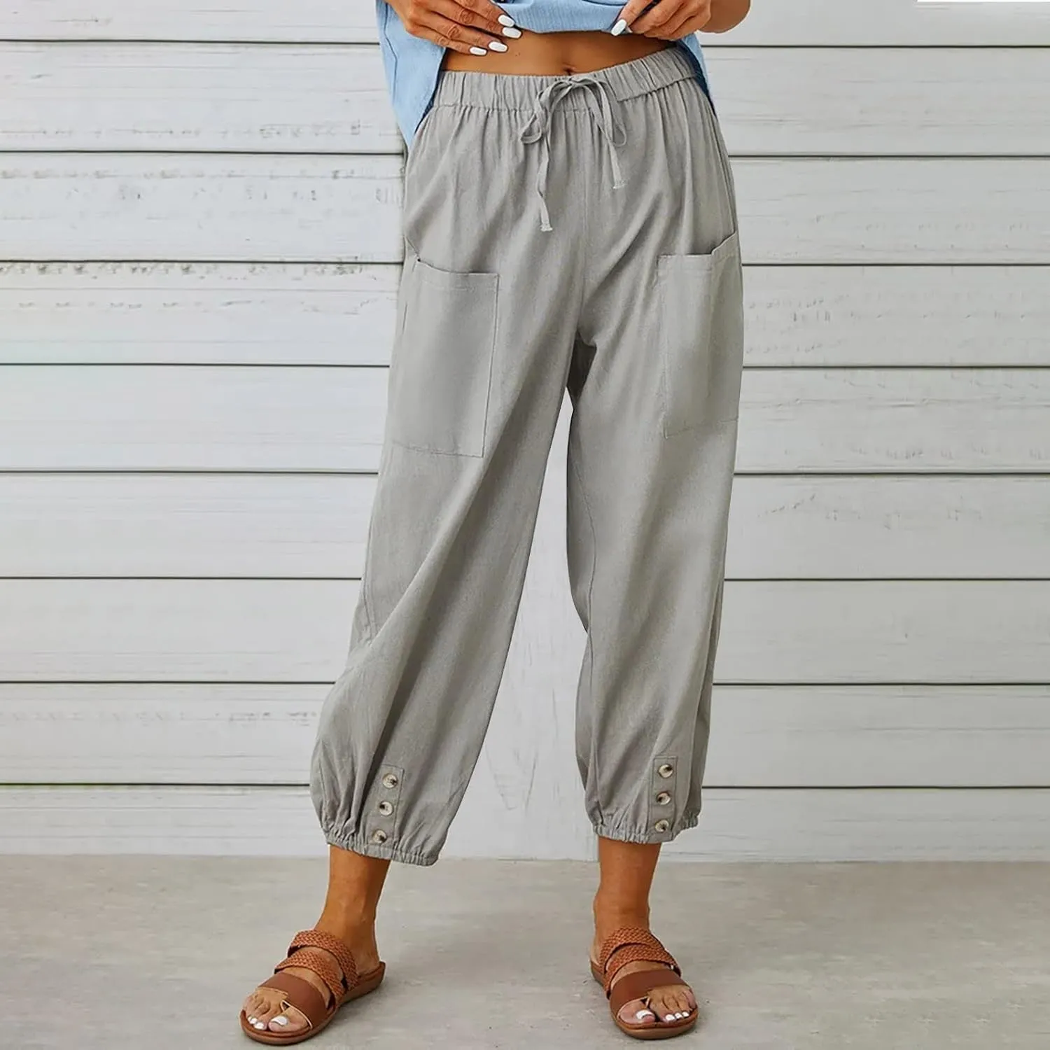 Womens Cotton Linen Pants Drawstring Jogger Pant Summer Loose Beach Trousers with Pockets Vacation Travel Clothes