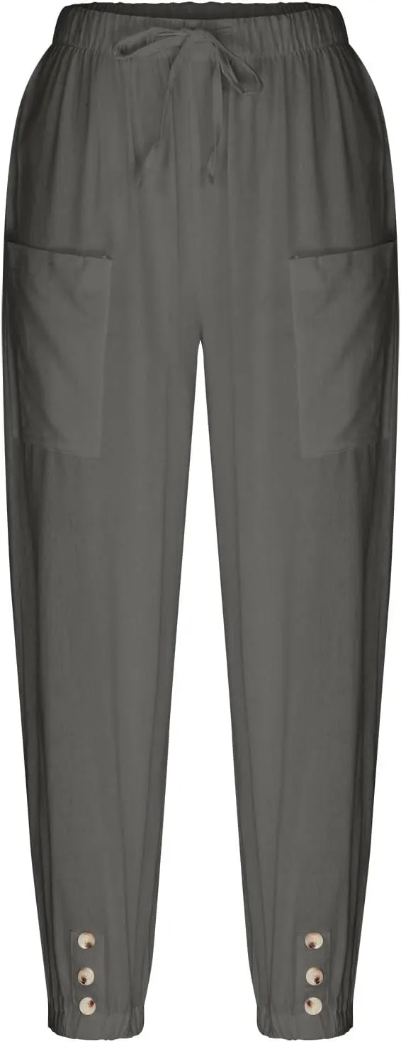 Womens Cotton Linen Pants Drawstring Jogger Pant Summer Loose Beach Trousers with Pockets Vacation Travel Clothes