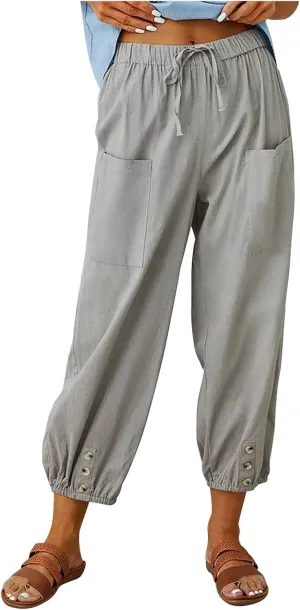 Womens Cotton Linen Pants Drawstring Jogger Pant Summer Loose Beach Trousers with Pockets Vacation Travel Clothes